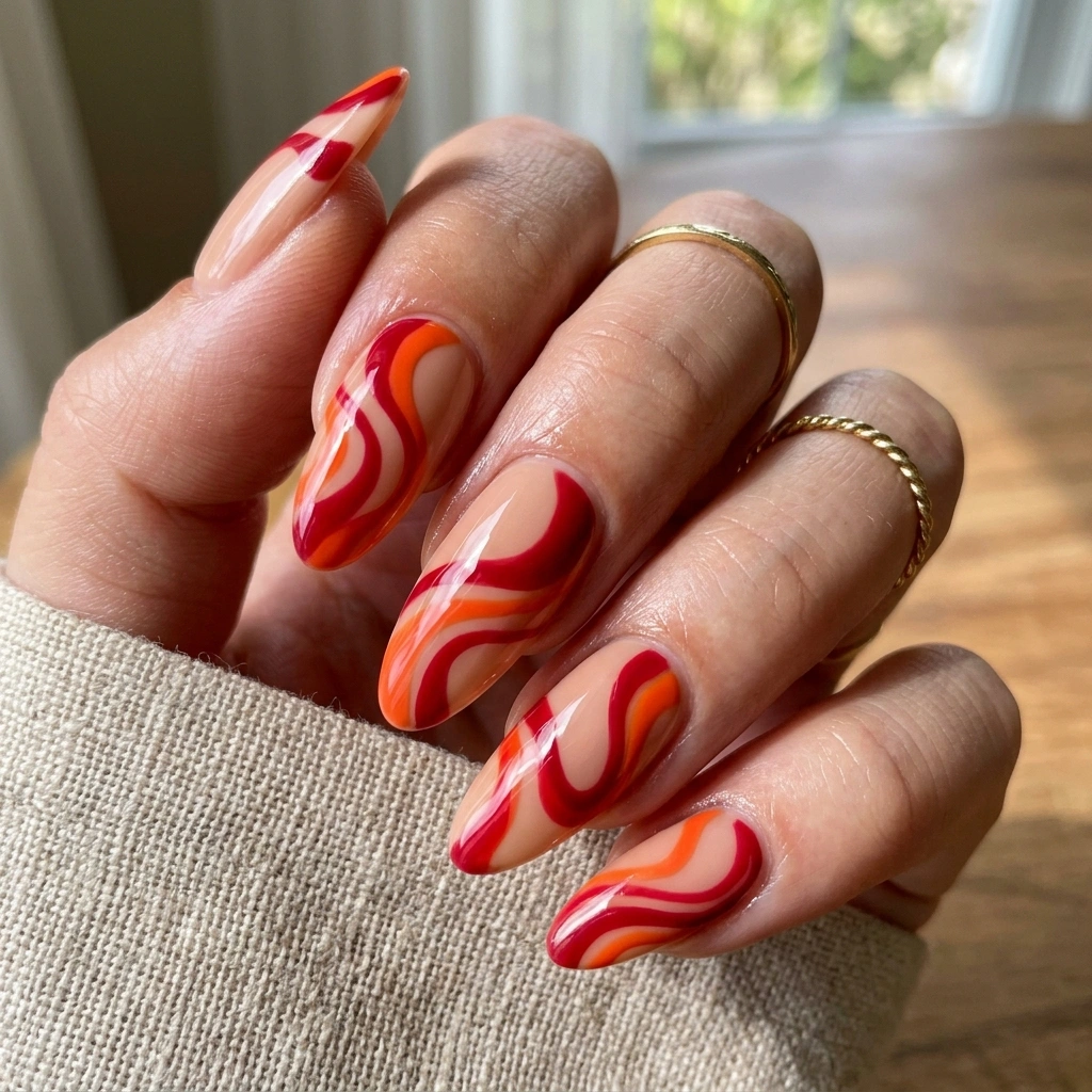 Bold red and orange swirls.