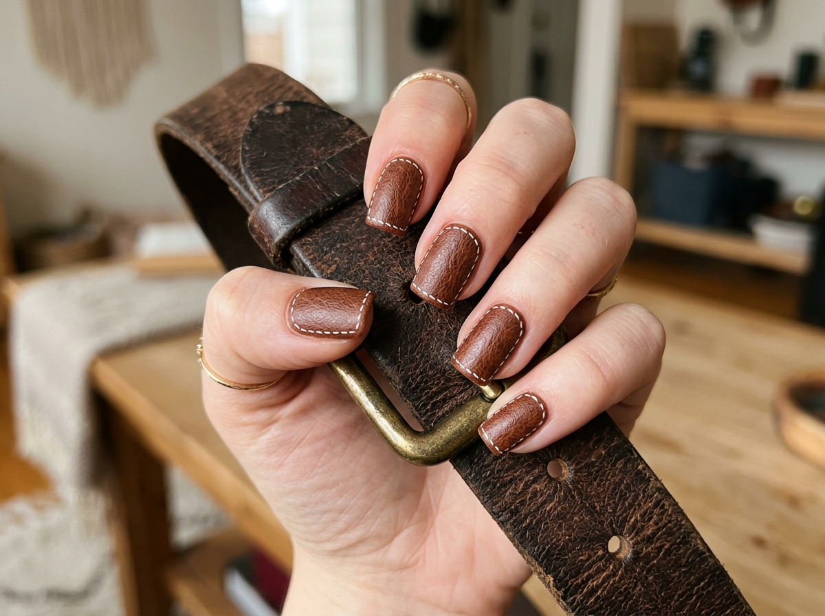 Square chestnut brown leather texture nails with stitching detail
