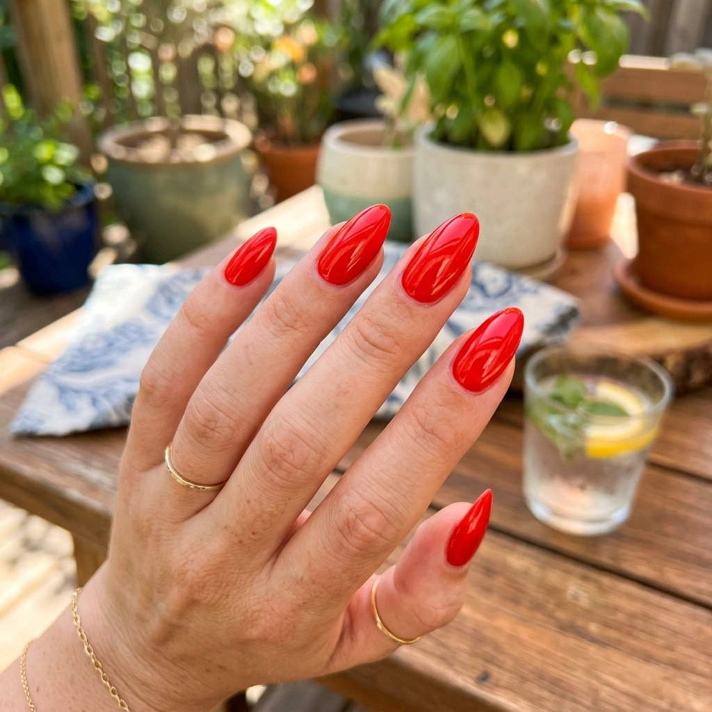 Chili pepper red almond nails.