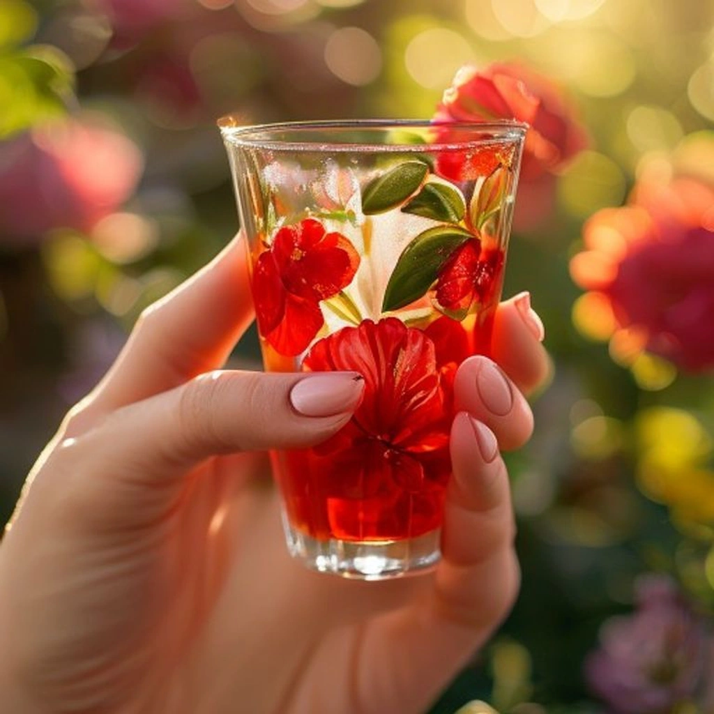 Elegant close-up of a hand with a red floral manicure holding a glass of iced tea, showing the delicate details of the nail art. Soft garden party setting, bright summer light.