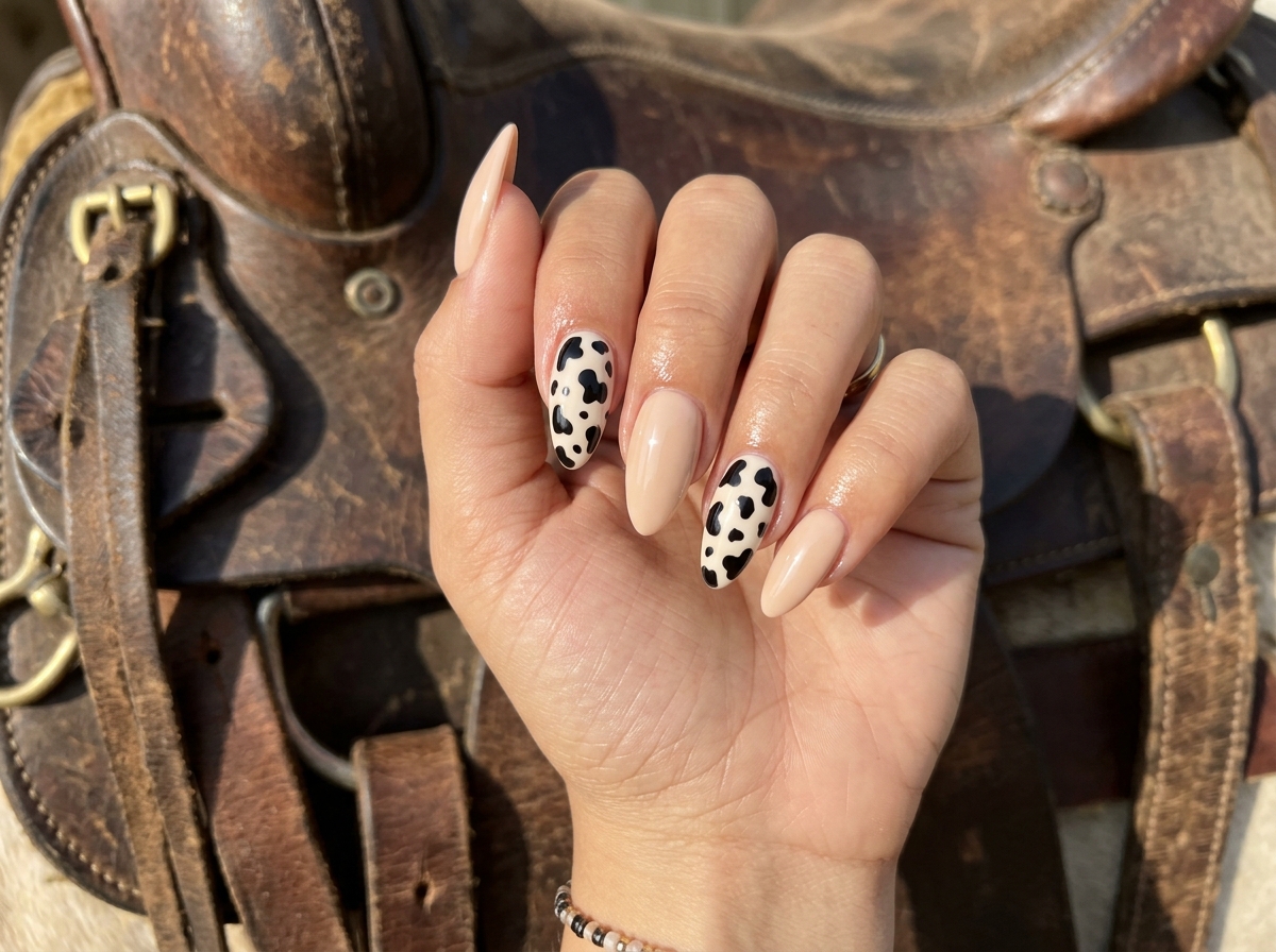 Almond nails with classic black cow print spots