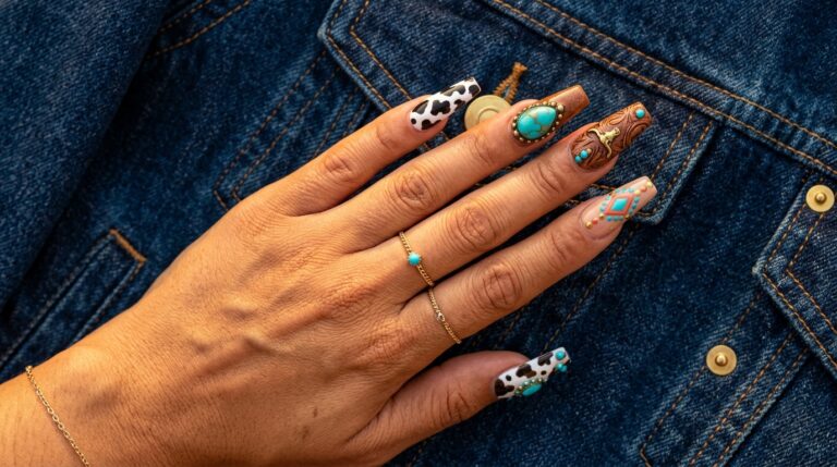 Western cowboy nails with mixed designs on dark denim