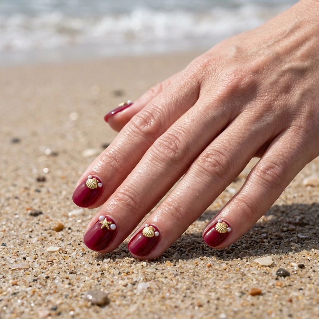 Deep wine red with sea shells.