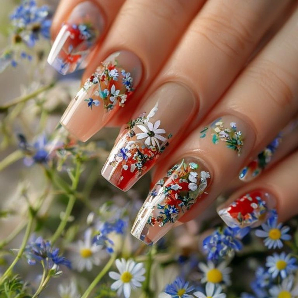 Close-up of almond nails with a mix of solid red polish and nude accent nails featuring a delicate border of tiny colorful wildflowers, bluebells, and daisies. Soft natural lighting, botanical setting.