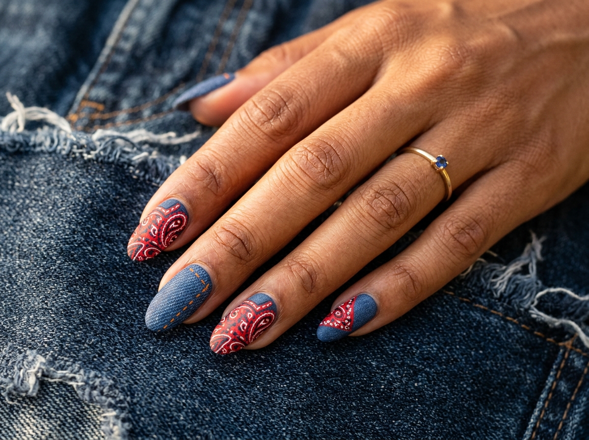 Almond nails featuring denim texture and red bandana paisley pattern