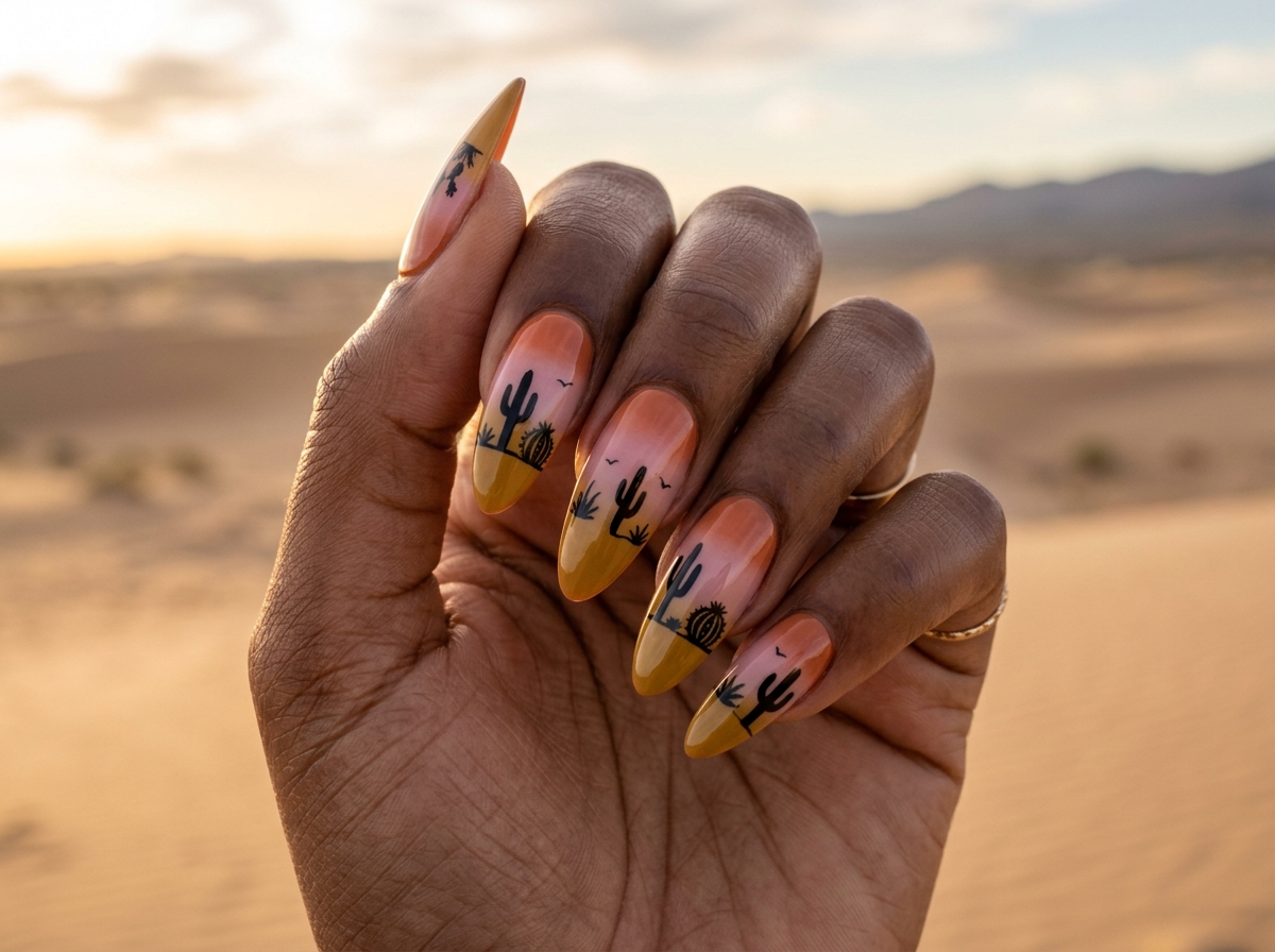 Almond nails with desert sunset gradient and cactus silhouettes