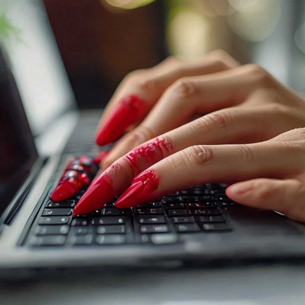 Close-up of hands with a red floral manicure typing on a laptop keyboard. Bright modern workspace, natural office lighting.