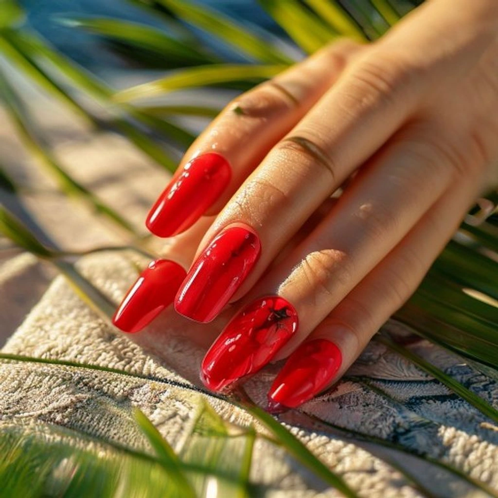 Beautiful summer-themed red manicure resting on a beach towel with sunglasses and tropical palm leaves.