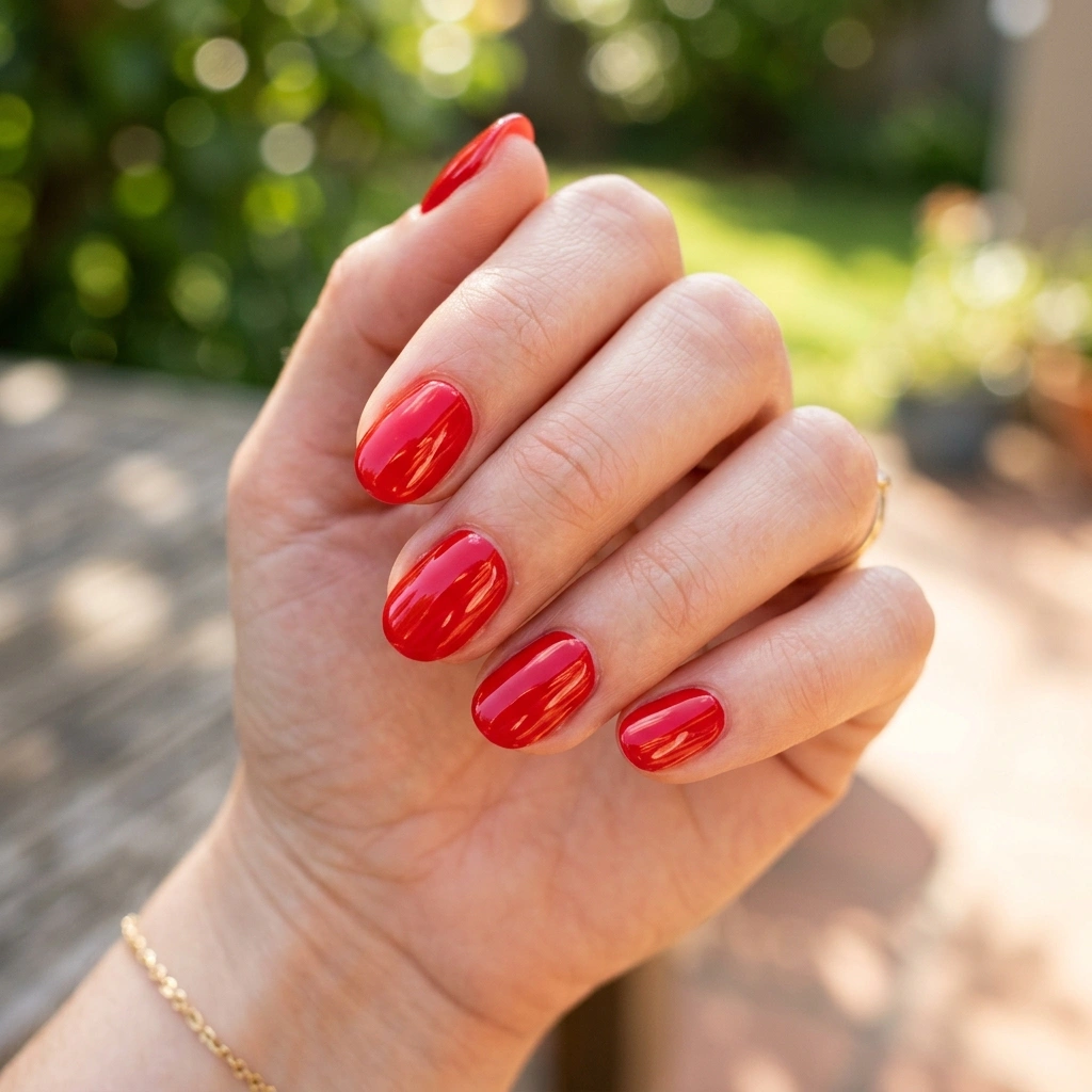 Glossy fire-engine red.