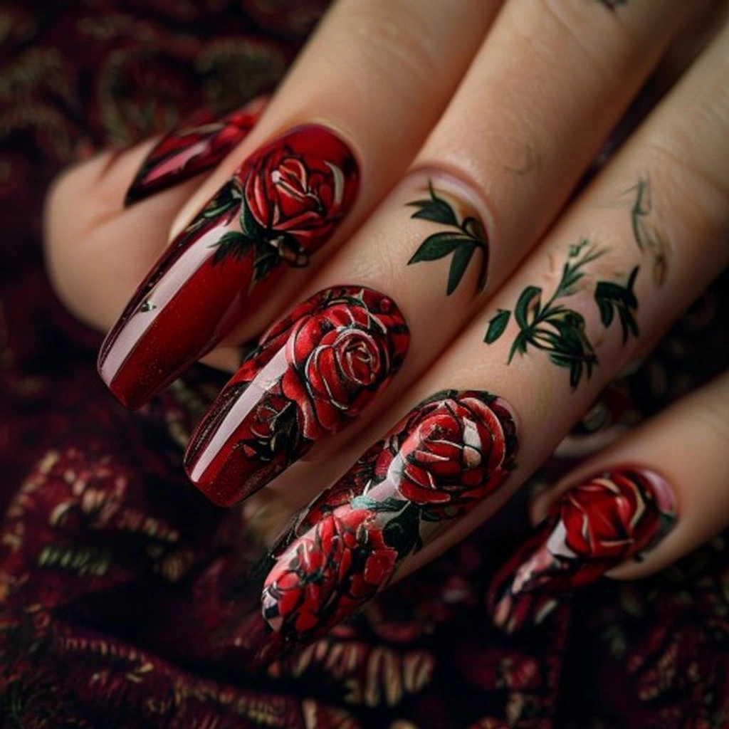 Close-up of round nails painted in a glossy crimson red, with hand-painted red and black detailed roses on all nails for a vintage tapestry feel. Dramatic vintage lighting, dark velvet background.
