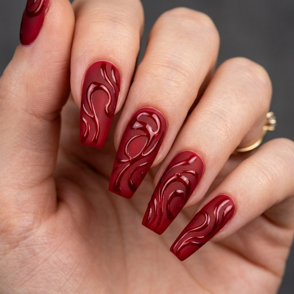 Matte red with glossy swirls.