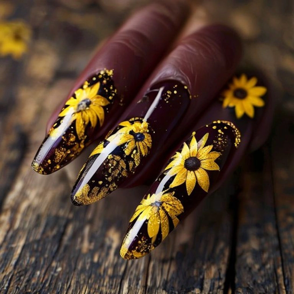 Close-up of short, oval nails in a deep, dark burgundy shade, decorated with hand-painted bright yellow sunflowers and gold foil flakes. Moody, autumnal lighting, rustic wooden background.