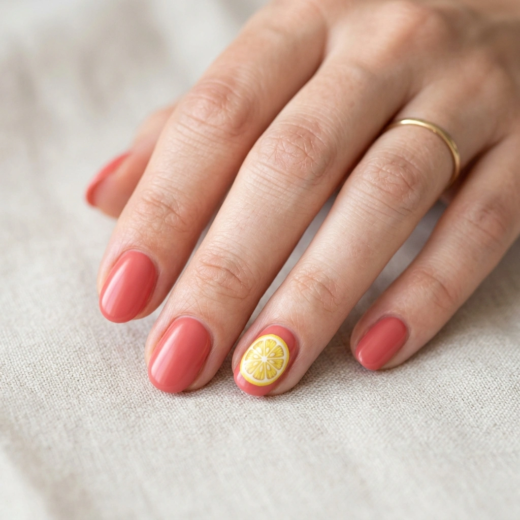 Pastel red with soft lemon accents.