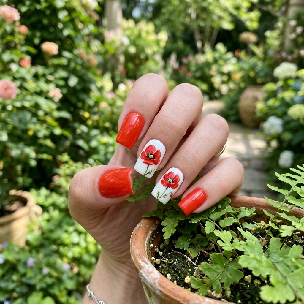 Poppy flower red accent nails.