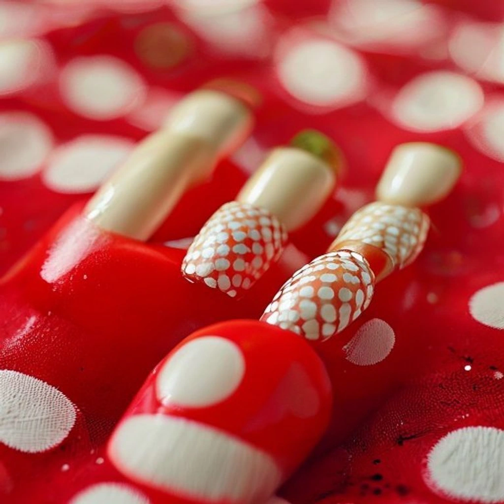 Red and white polka dots.