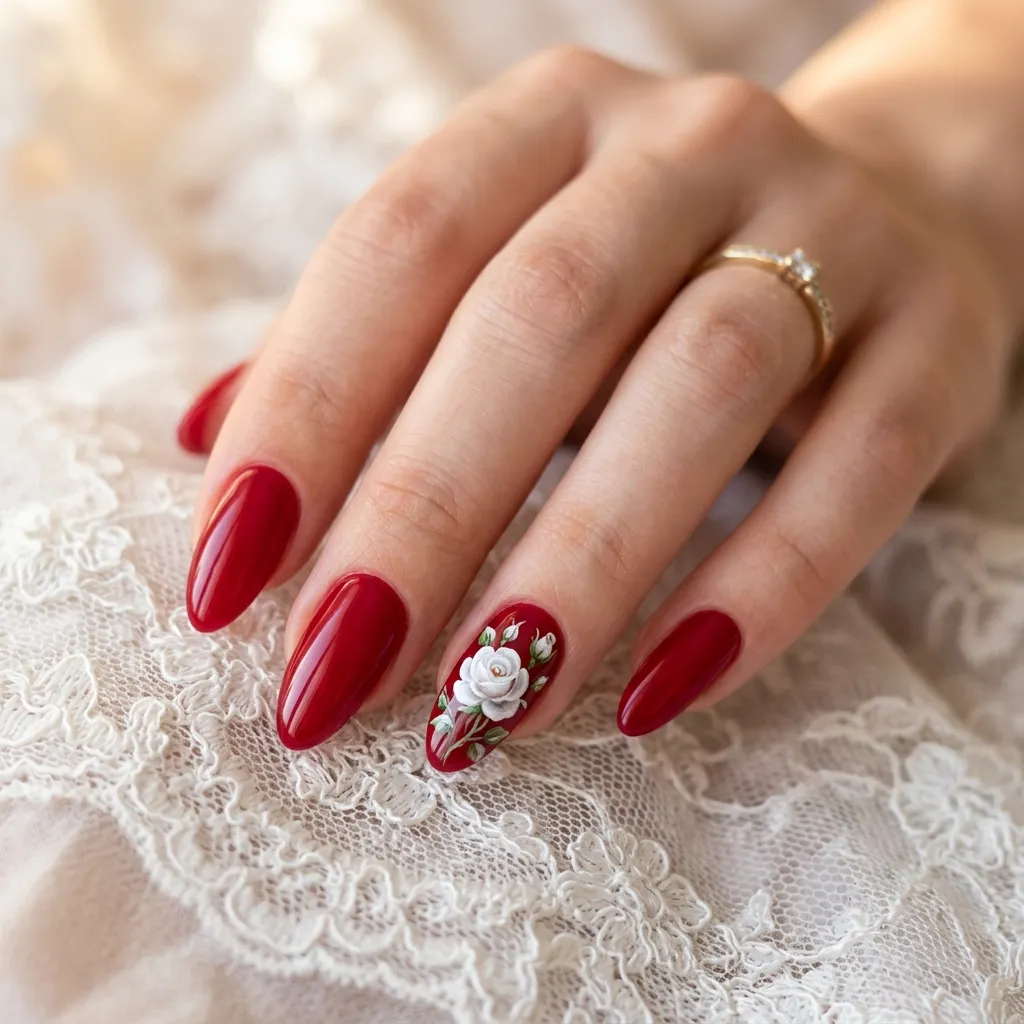 Classic Red Nails with Delicate White Rose Accents