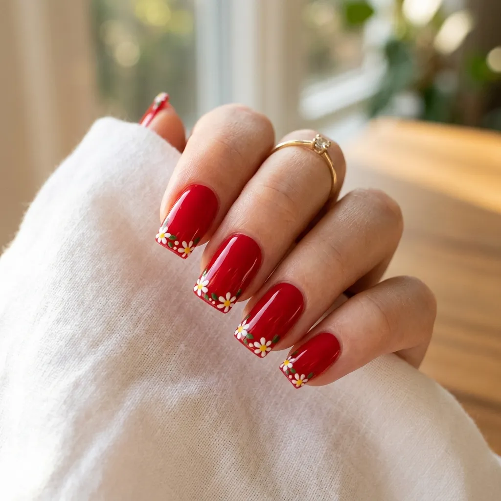 Playful Daisy French Tips on a Red Base