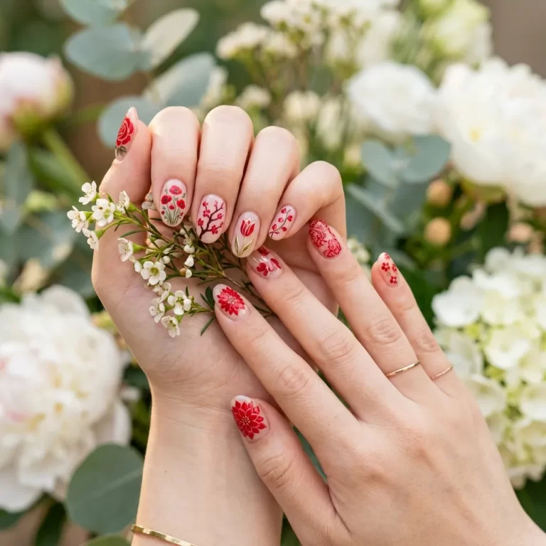 Red Nail Ideas with Flowers