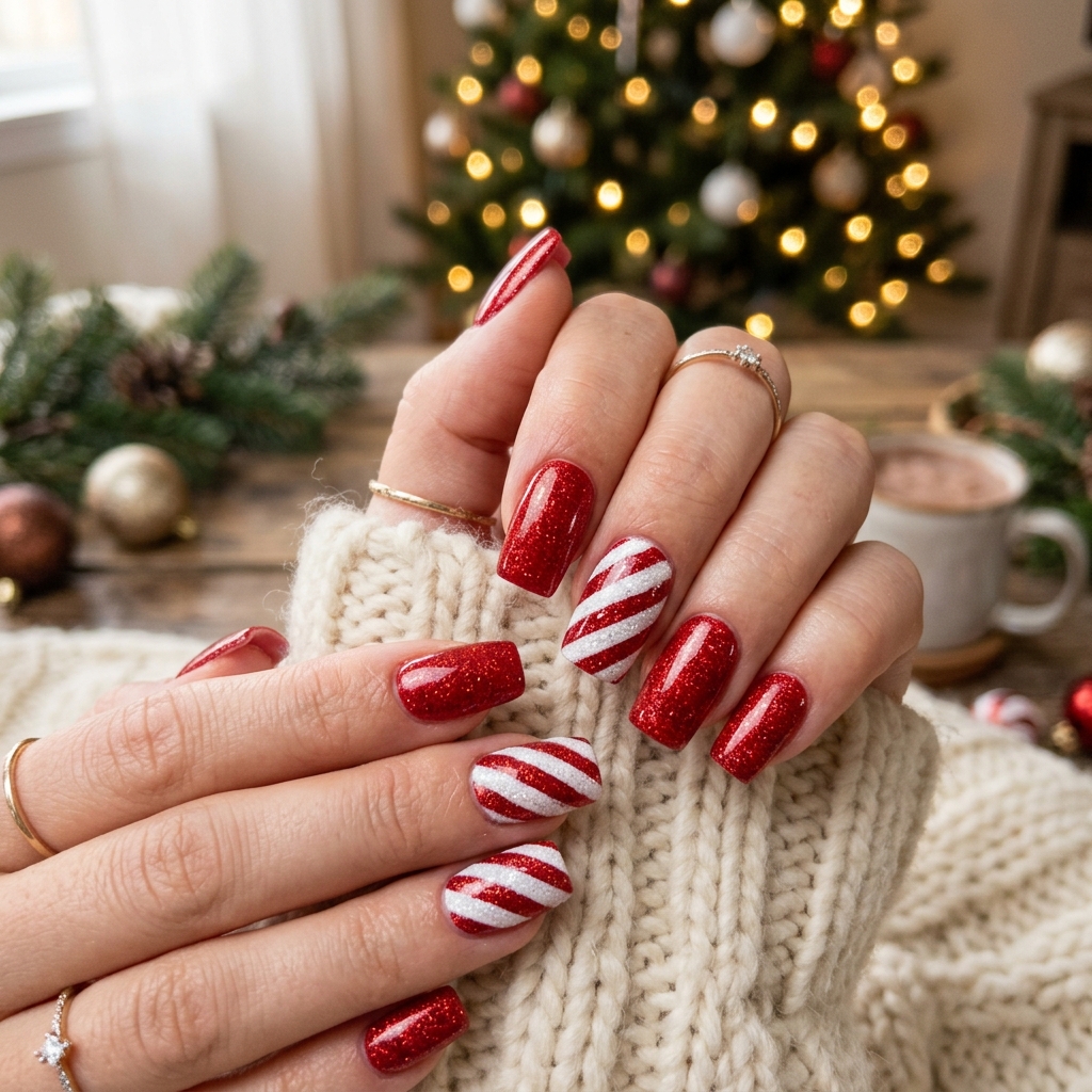 Festive Candy Cane Red and White Glitter Stripes