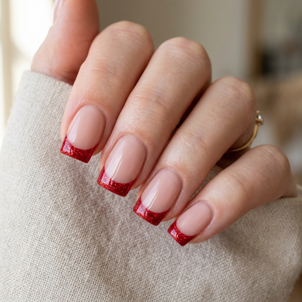 Elegant French Tips with Red Glitter