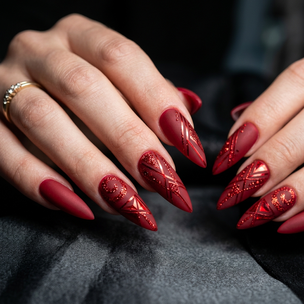 Matte Red Base with Glossy Glitter Accents