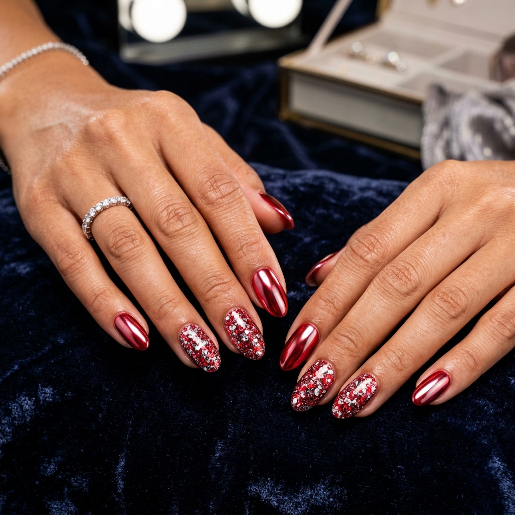 Bold Ruby Red Chrome with Glitter Accent Nails
