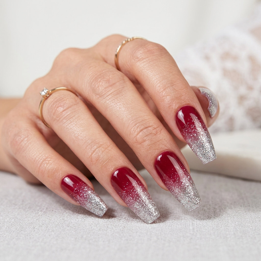 Crimson Red to Silver Glitter Ombre