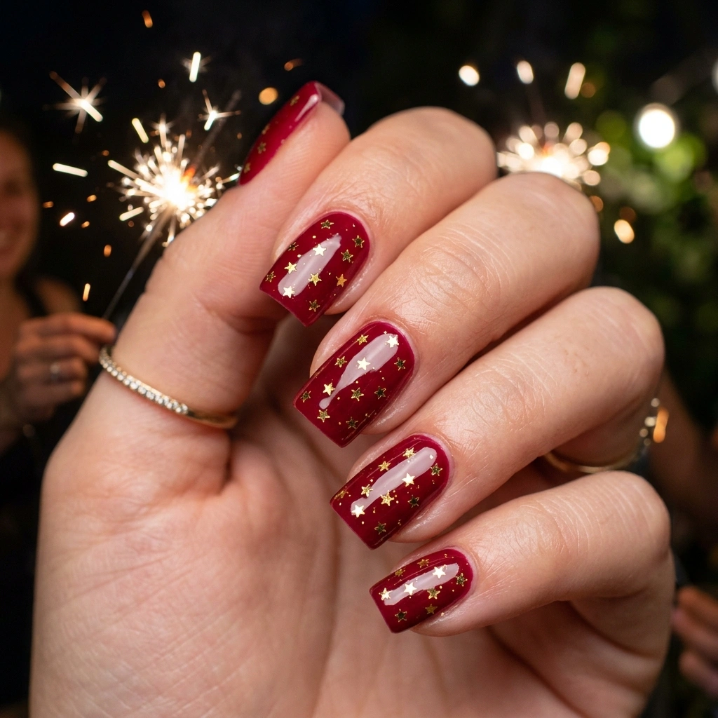 Red nails with gold star glitters.