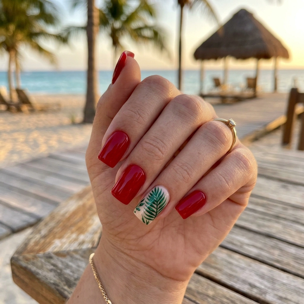 Red nails with palm leaf accents.