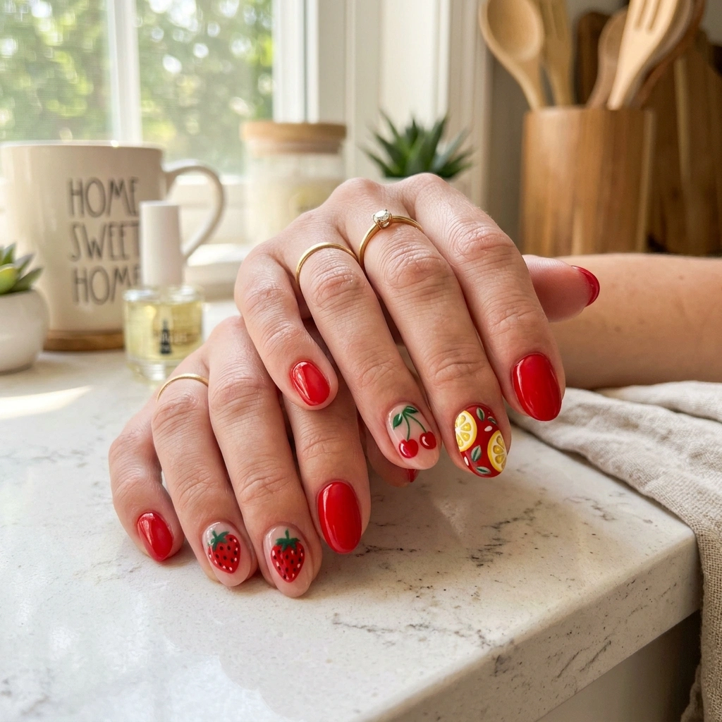 Red nails with summer fruits detail.