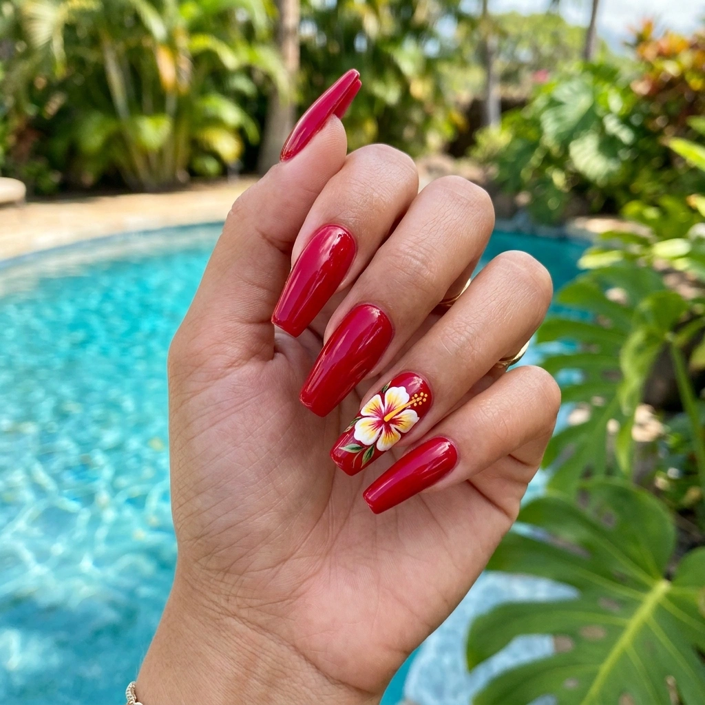 Red nails with tropical flowers.