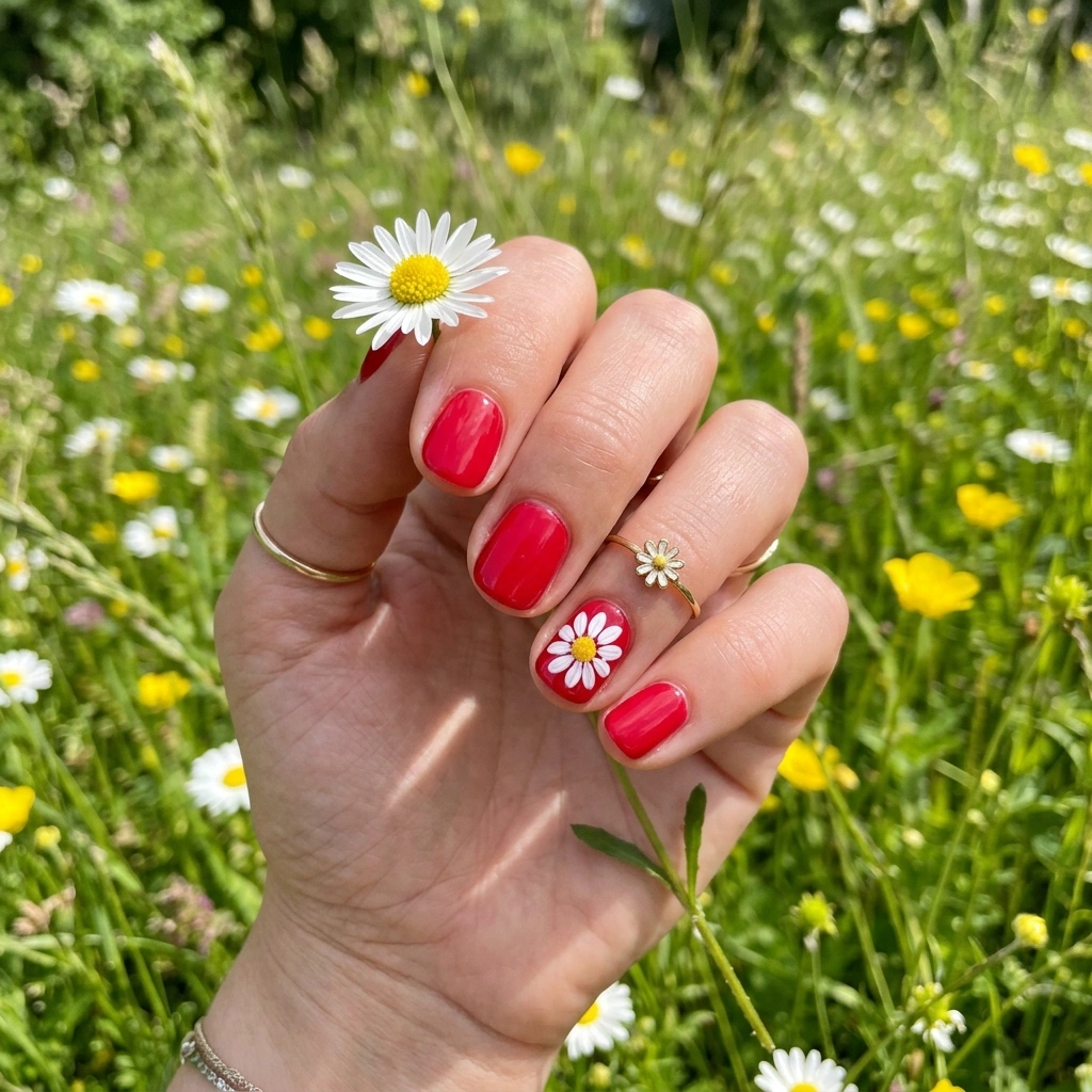 Red nails with white daisy accent.