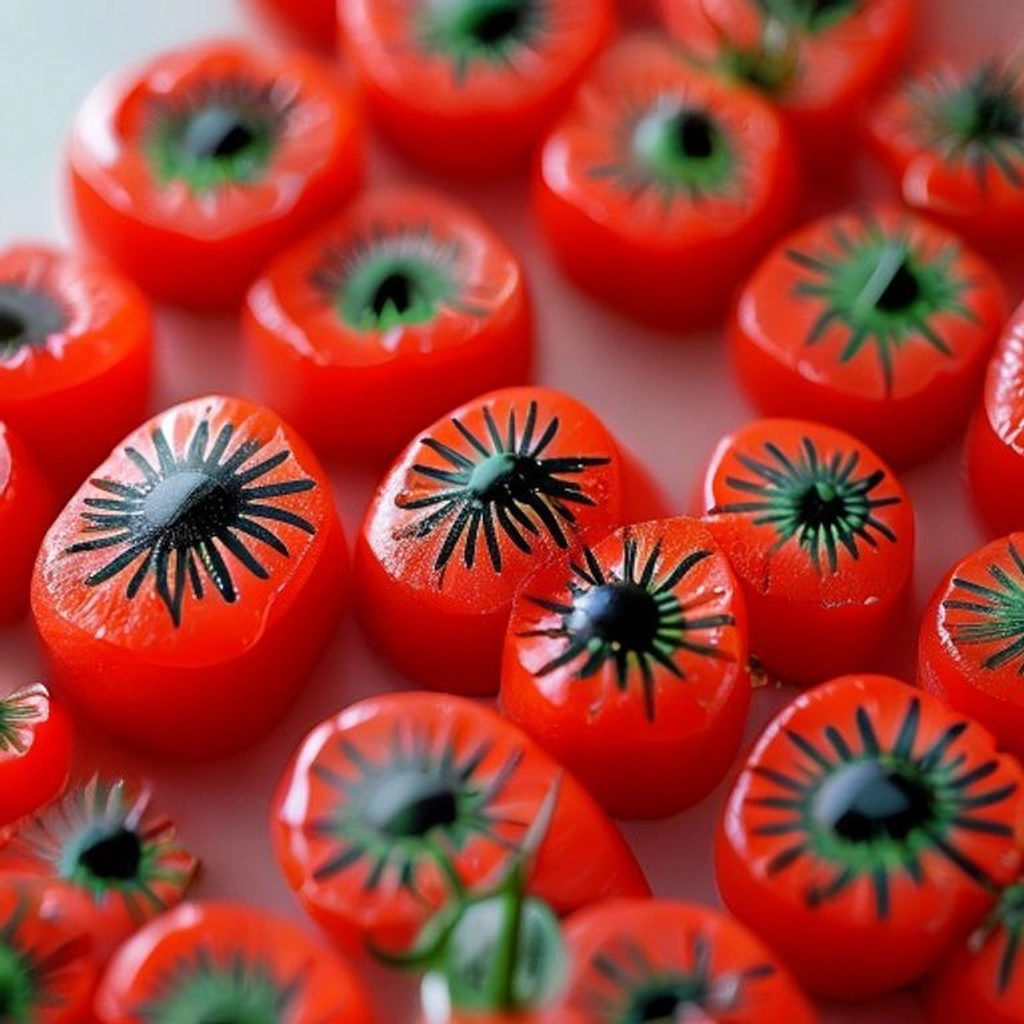 Close-up of square nails with a bright tomato red base, featuring bold, retro-style poppy flowers with black centers and green stems. High contrast, clean minimalist background, bright daylight.