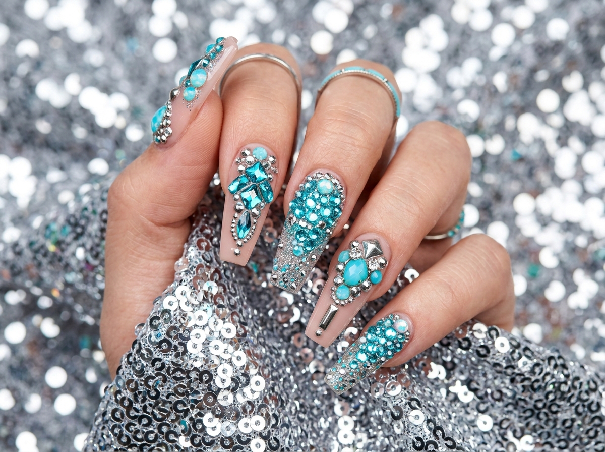 Long coffin nails studded with turquoise crystals and rhinestones