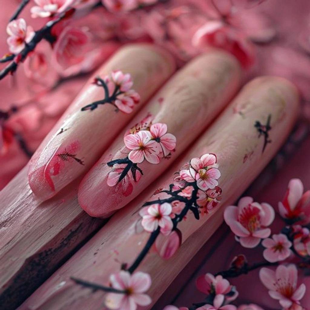 Close-up of coffin-shaped nails painted in a soft, dusty red shade, featuring delicate hand-painted cherry blossoms with dark branches and pink petals. Soft, dreamy lighting, cherry blossom branch background.