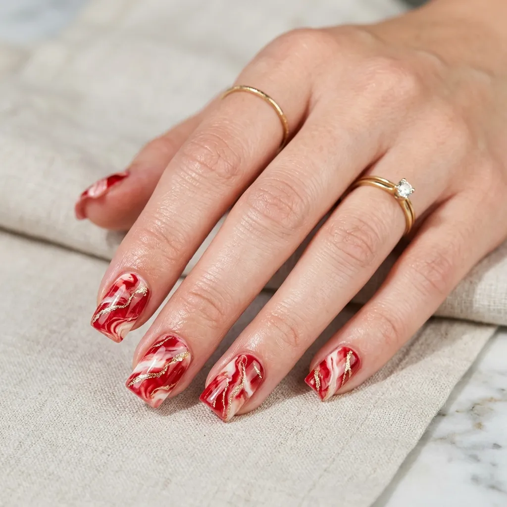 10. Red Marble Square Nails with Gold Accents