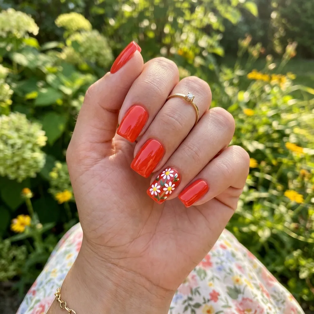 12. Tomato Red Square Nails with Floral Accents