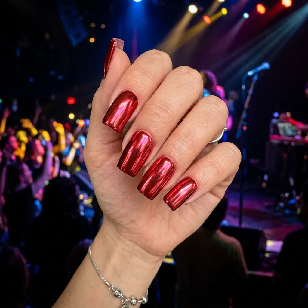 13. Metallic Red Chrome Square Nails