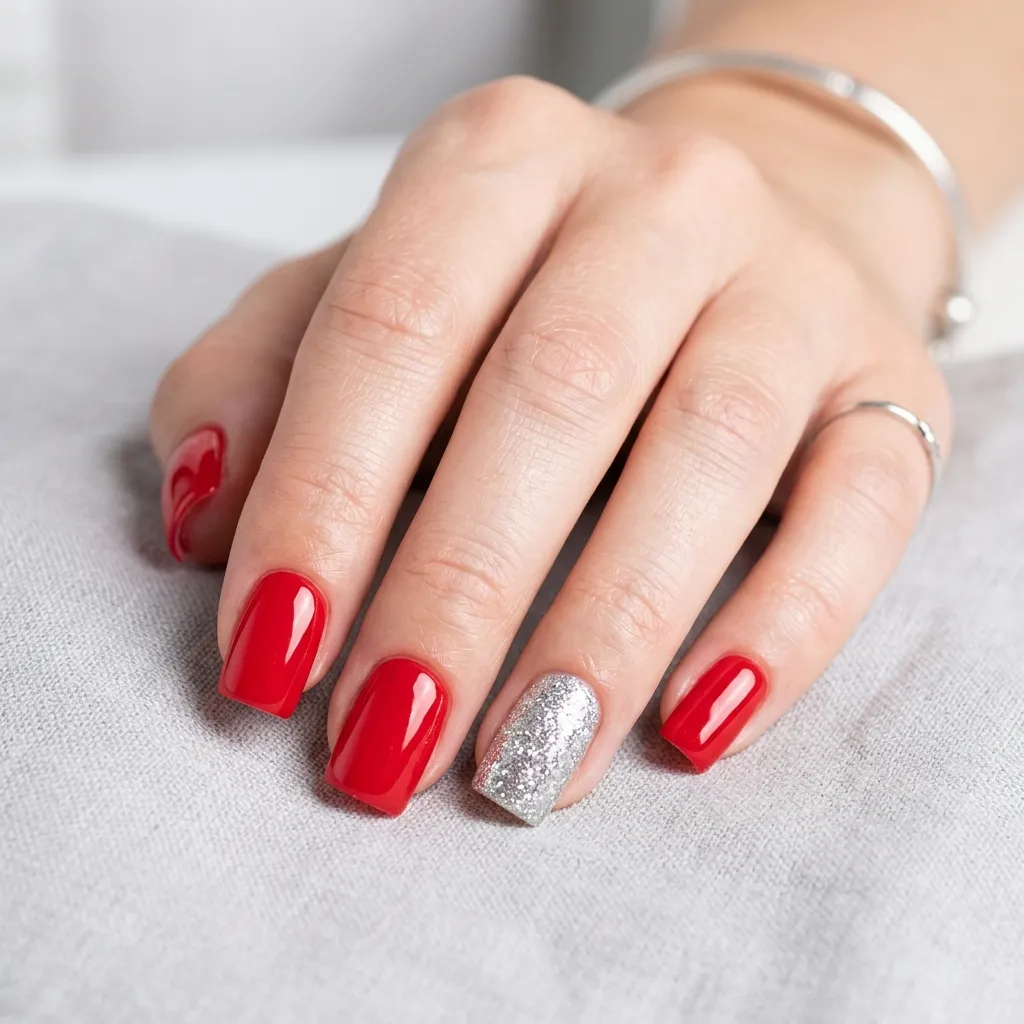 14. Red and Silver Glitter Accent Square Nails