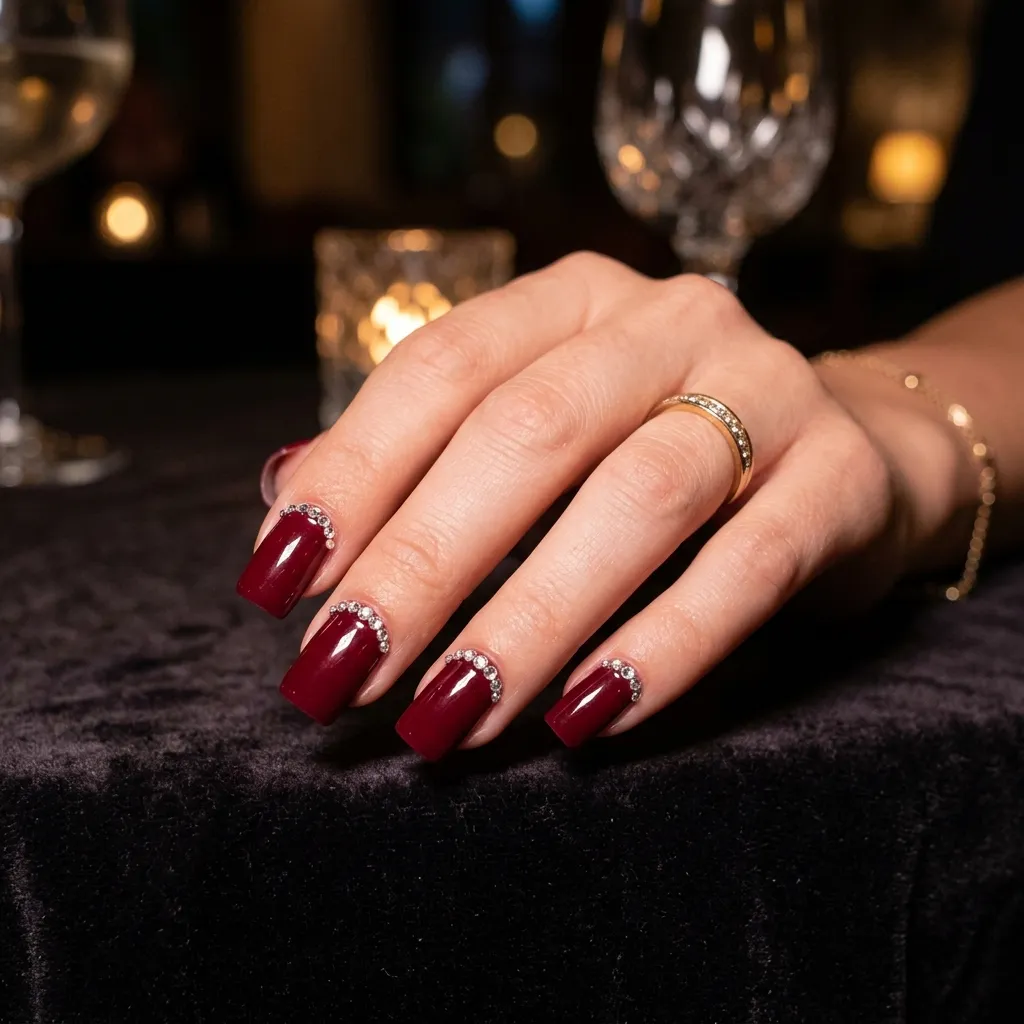15. Wine Red Square Nails with Rhinestone Accents