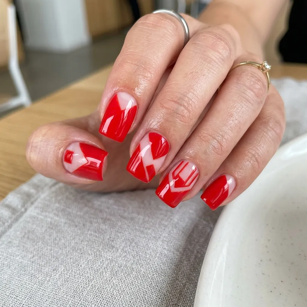 16. Chili Red Square Nails with Negative Space