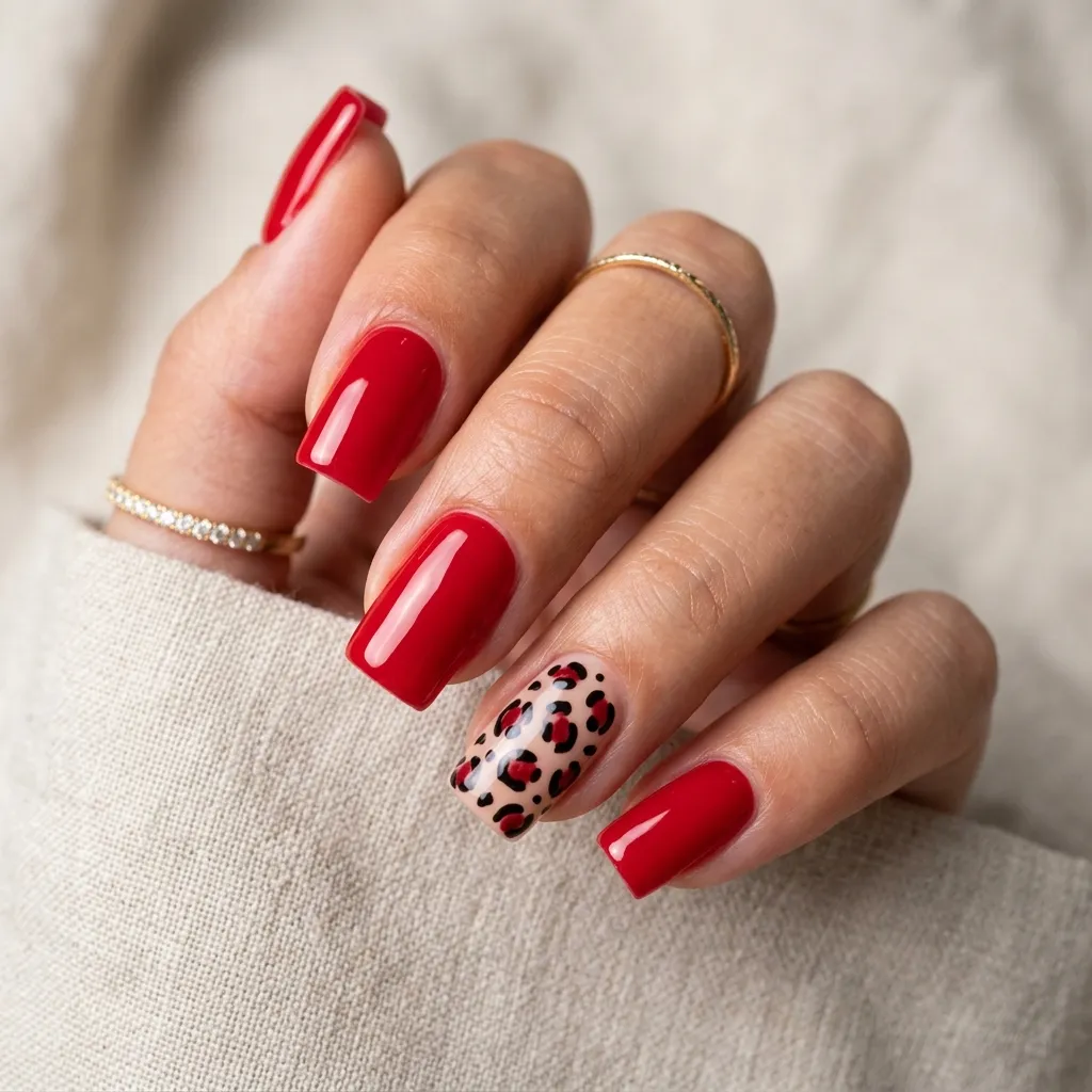 17. Red Leopard Print Accent Square Nails