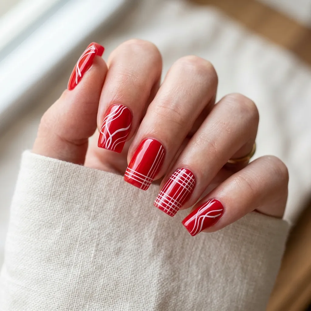 18. Candy Apple Red Square Nails with White Line Art