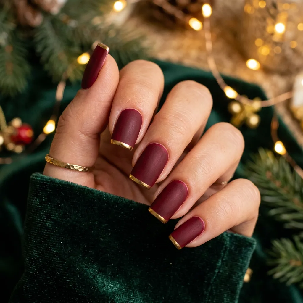 19. Matte Wine Red with Gold French Tips