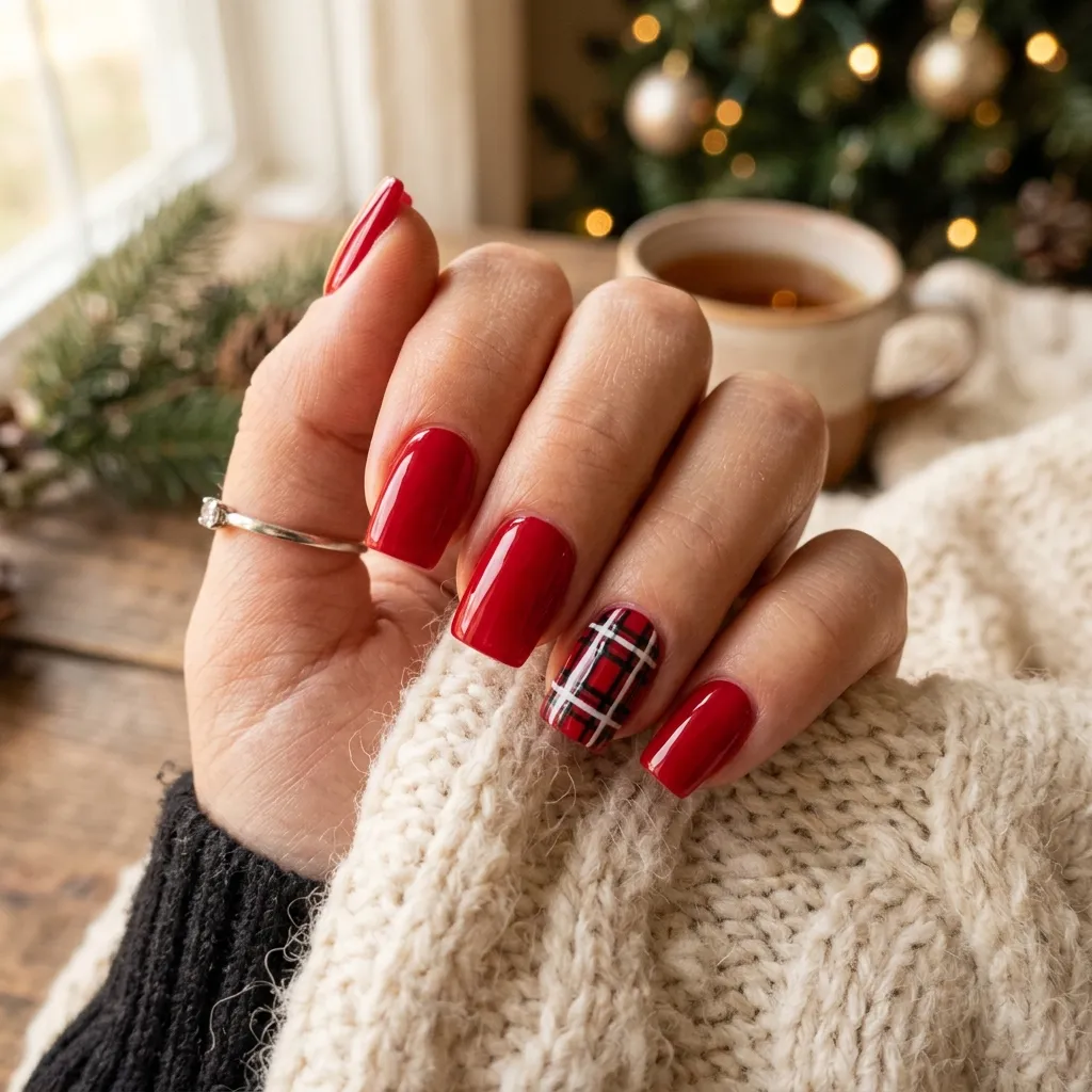 20. Red Plaid Accent Square Nails
