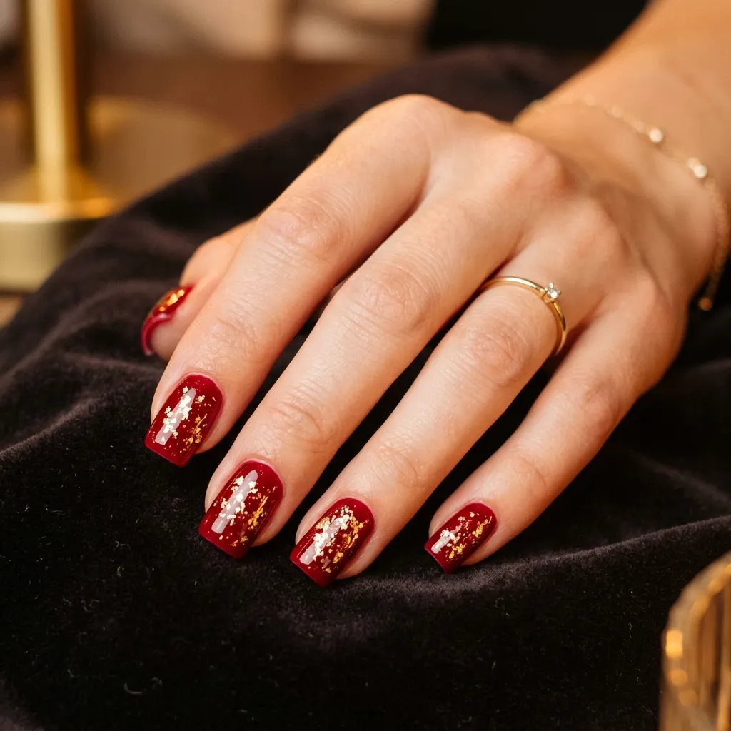4. Red and Gold Foil Square Nails