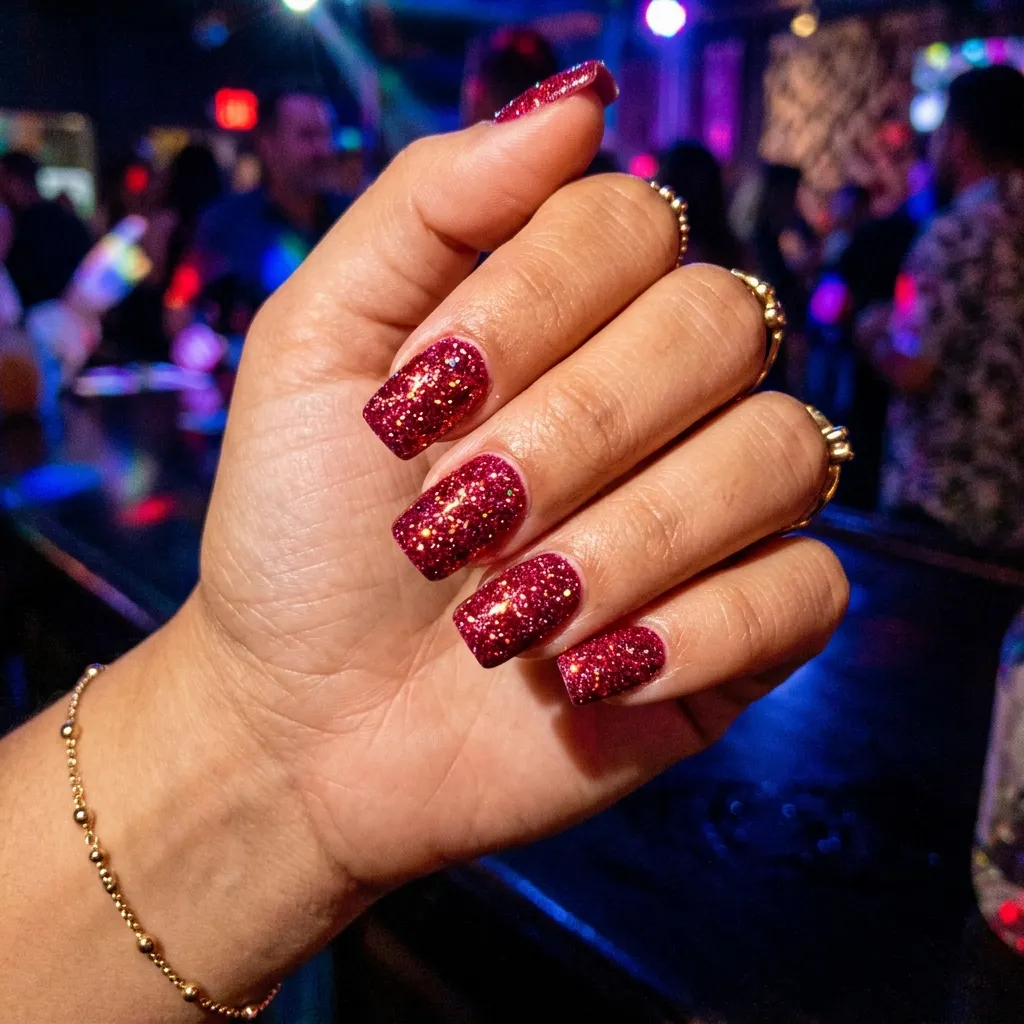 6. Ruby Red Glitter Square Nails