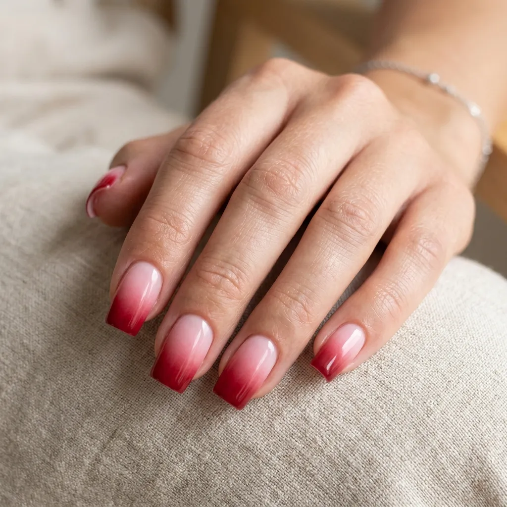 8. Red and Pink Ombre Square Nails