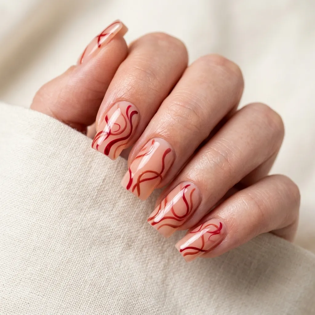 9. Abstract Red Swirls on Square Nails