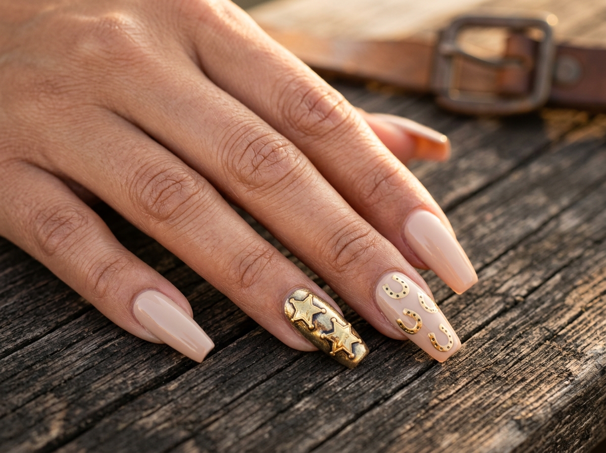 Beige coffin nails with metallic gold sheriff stars and horseshoes